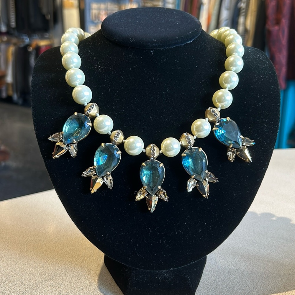 J. Crew Pearl Necklace with Blue Crystal Drops